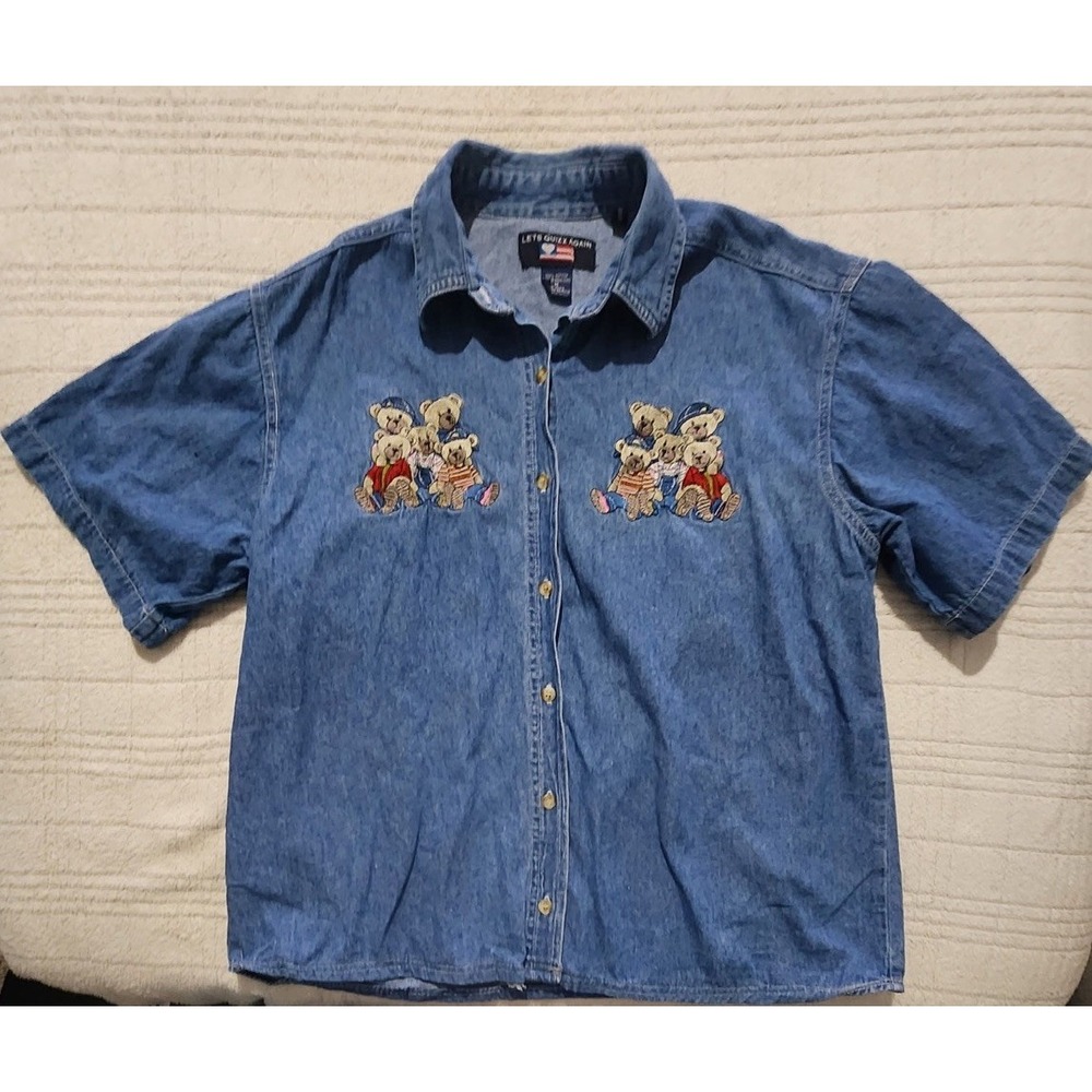 Let's Quizz Again Denim Button Shirt‎ Bears Embroidered Womens M Vintage 90s